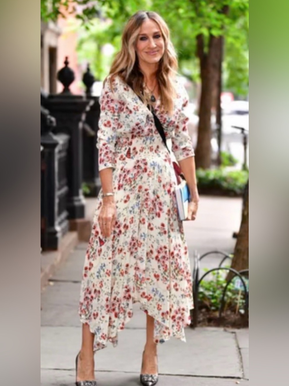 Maje Rayne floral Midi Dress Handkerchief Asymmetrical Hem Smocked Waist Classy